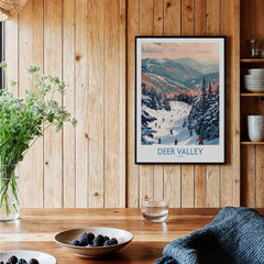 Deer Valley Travel Poster - Utah displayed on a wooden wall, showcasing a colorful winter ski scene.