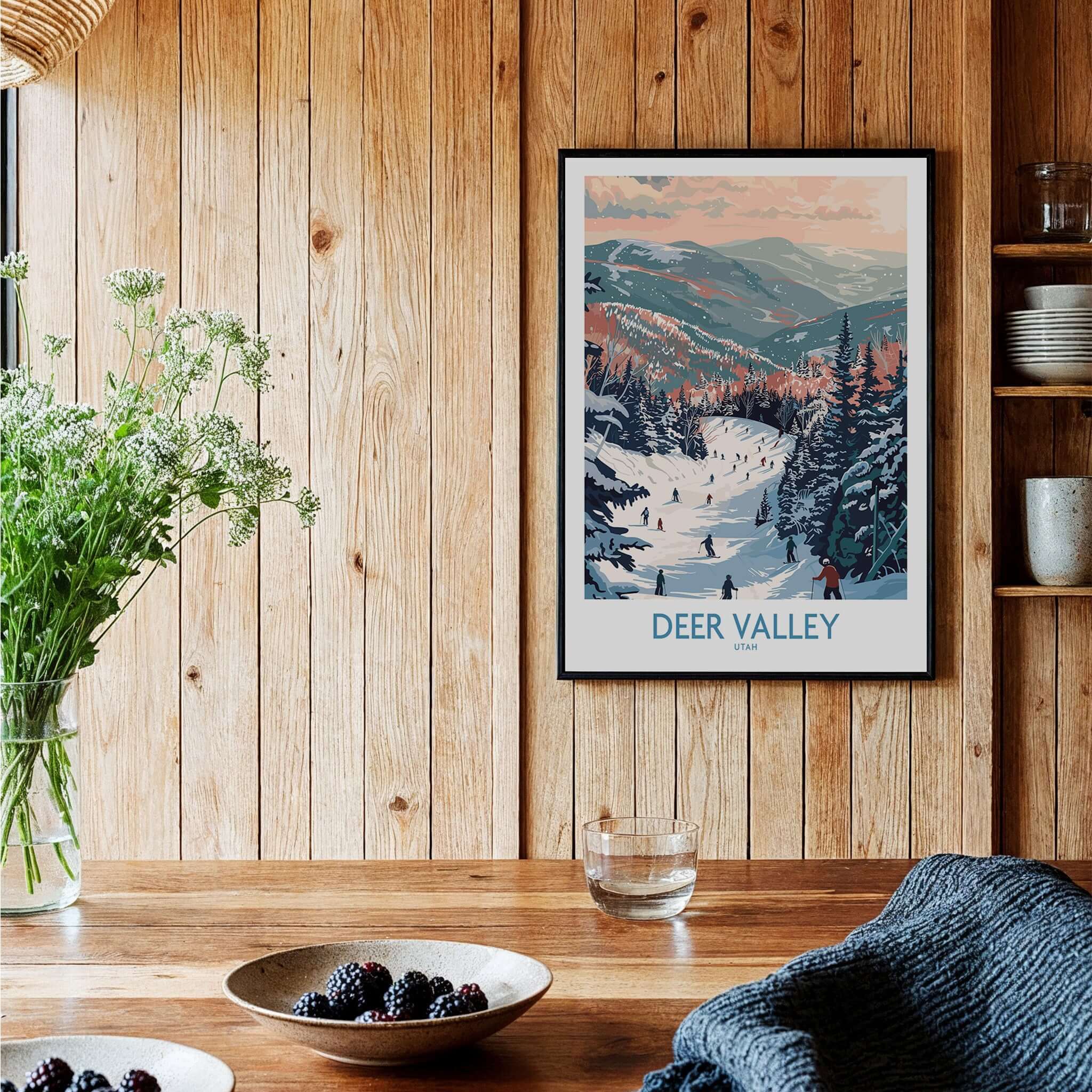 Deer Valley Travel Poster - Utah displayed on a wooden wall, showcasing a colorful winter ski scene.