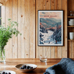 Deer Valley Ski Print - Utah displayed in a cozy wooden dining space with a rustic decor.