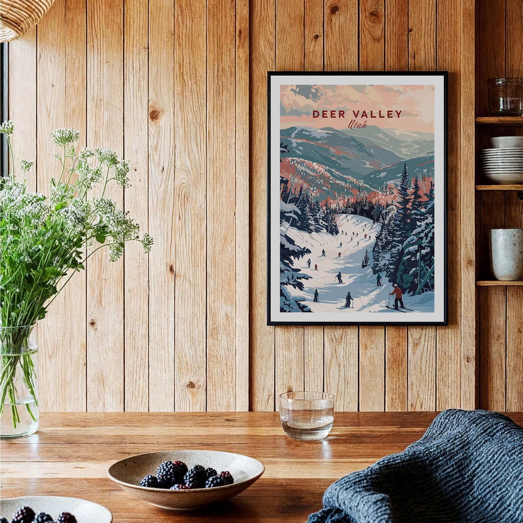 Deer Valley Ski Print - Utah displayed in a cozy wooden dining space with a rustic decor.