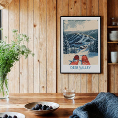 Deer Valley Wall Art ski poster featuring snowy mountains and ski equipment on a wooden wall.