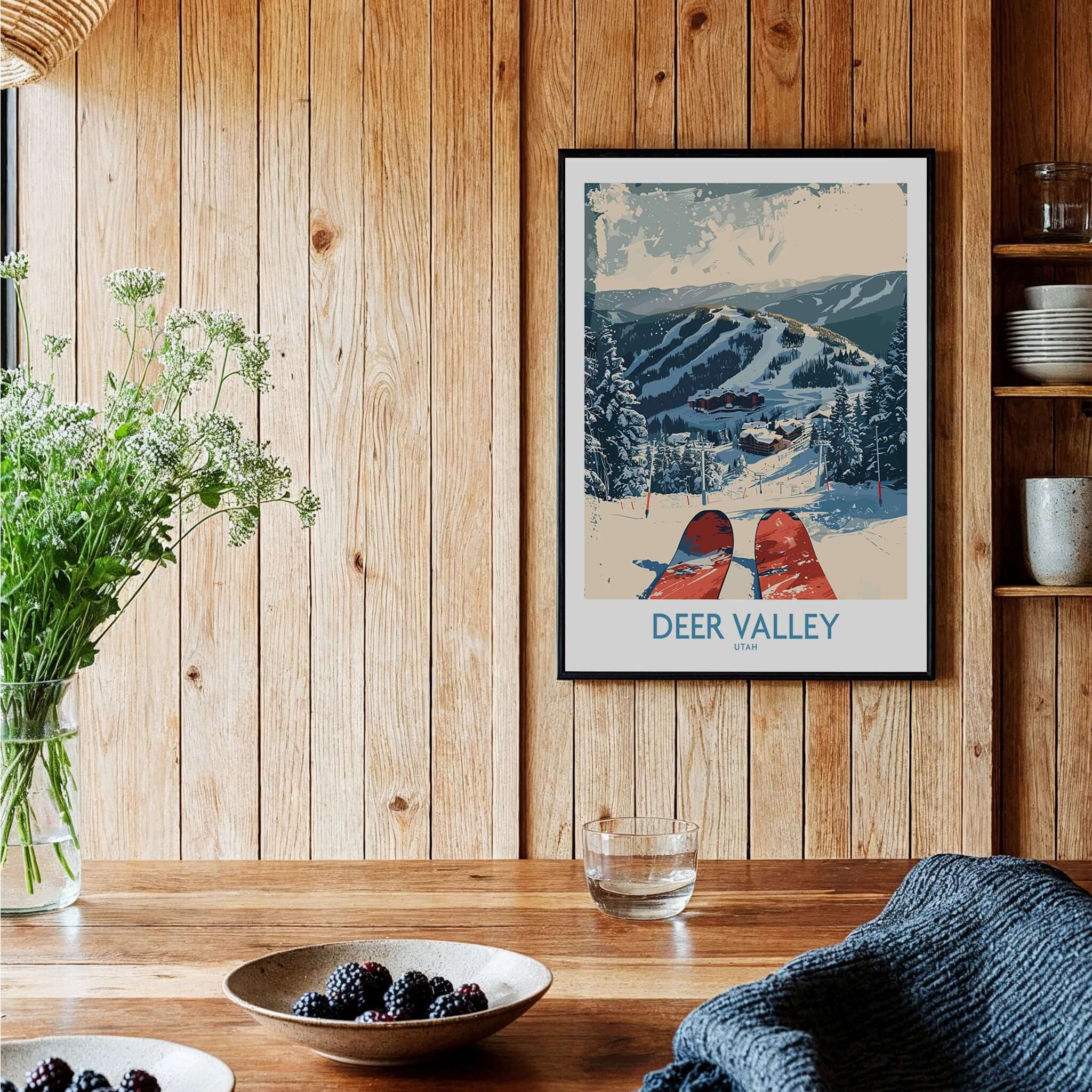 Deer Valley Wall Art ski poster featuring snowy mountains and ski equipment on a wooden wall.