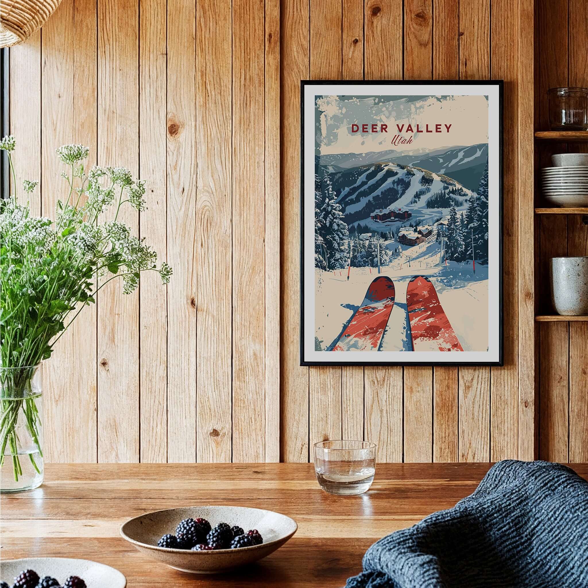 Deer Valley Ski Poster featuring a beautiful ski slope view, perfect for home decor and ski enthusiasts.