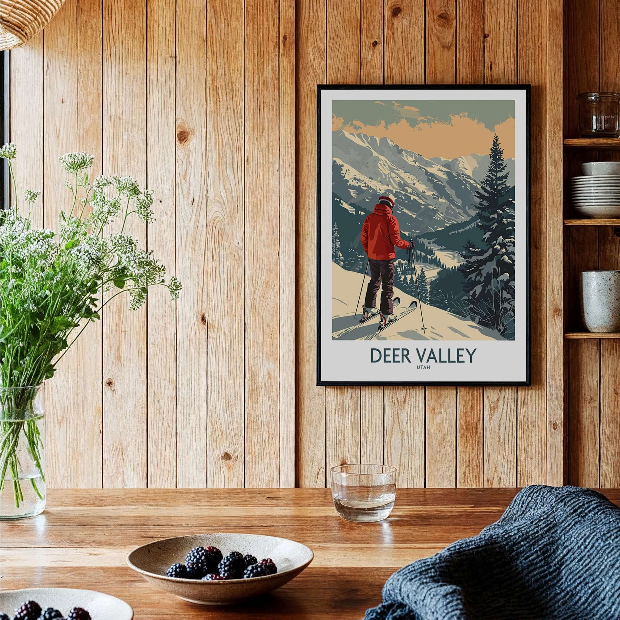 Deer Valley Poster Utah displayed in a cozy room, showcasing a skier amidst the stunning mountains of Utah.