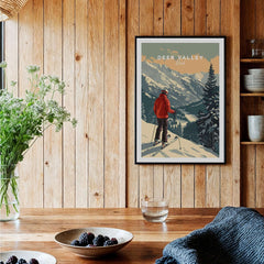 Deer Valley Print Utah poster framed in a cozy home setting with ski theme and wooden decor.