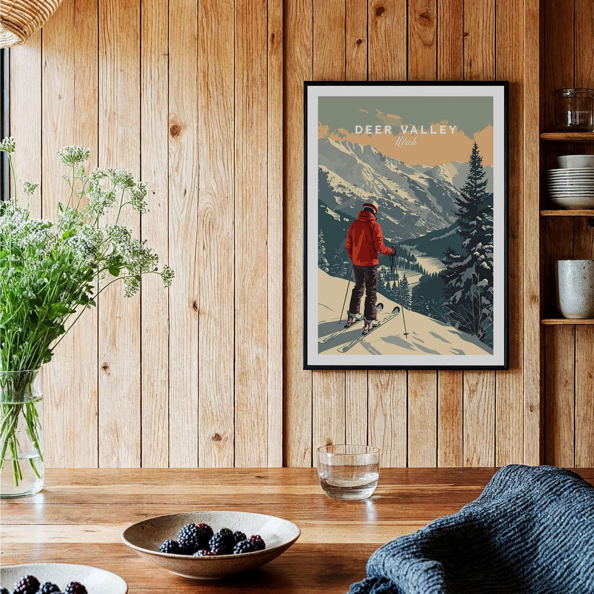 Deer Valley Print Utah poster framed in a cozy home setting with ski theme and wooden decor.