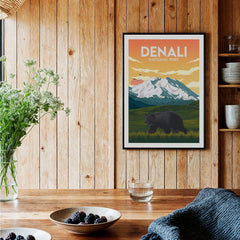 Denali National Park art print with bear and mountains in modern rustic kitchen decor