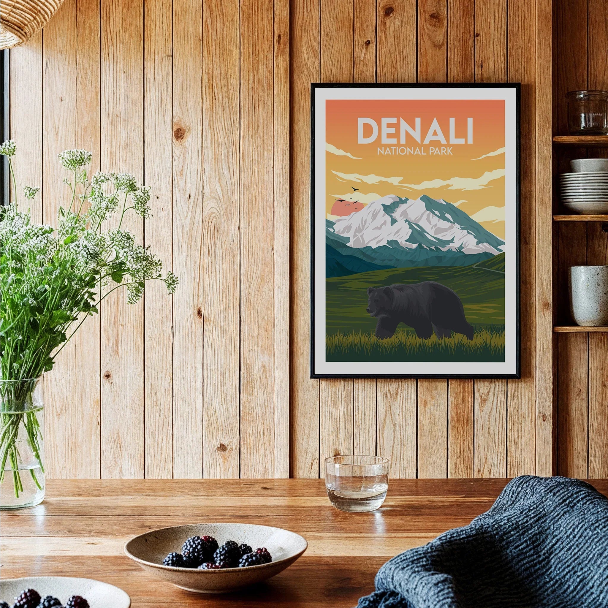 Denali National Park art print with bear and mountains in modern rustic kitchen decor