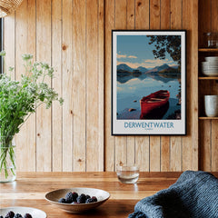 Derwentwater Cumbria Wall Art – Mountain Lake Landscape Print showcasing a red boat on tranquil waters in a wooden decor setting.