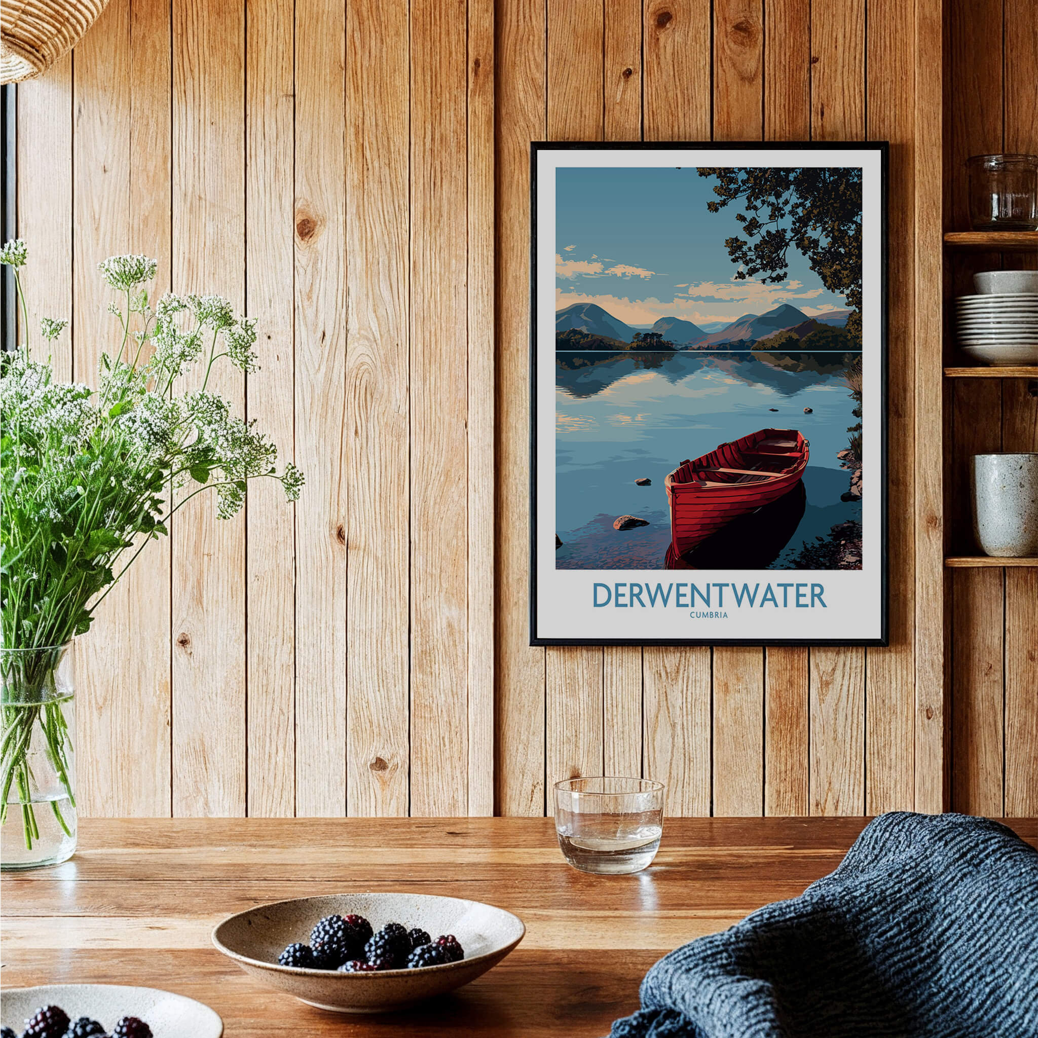 Derwentwater Cumbria Wall Art – Mountain Lake Landscape Print showcasing a red boat on tranquil waters in a wooden decor setting.