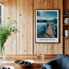 Derwentwater Cumbria Wall Art – Scenic Lake Pier Art Print displayed in a cozy interior with natural wood accents.