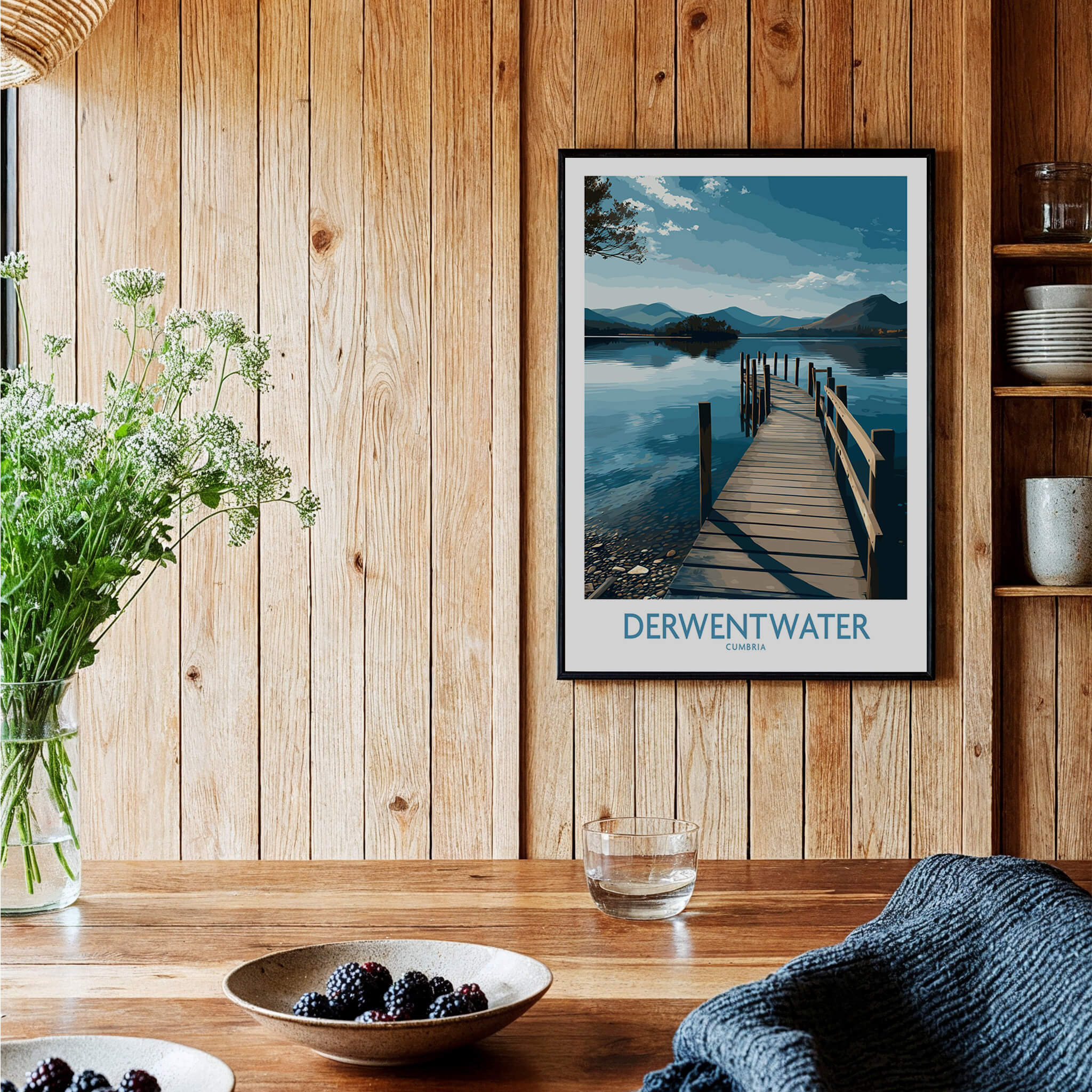 Derwentwater Cumbria Wall Art – Scenic Lake Pier Art Print displayed in a cozy interior with natural wood accents.