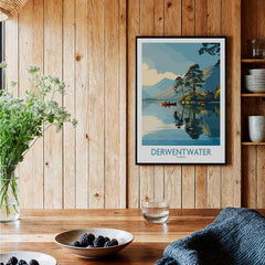 Derwentwater Cumbria Wall Art – Canvas Print displayed in a cozy interior with wooden accents and plants.