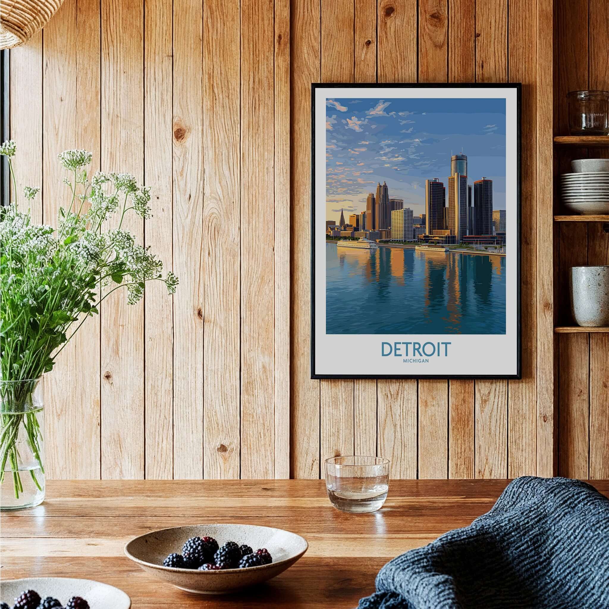 Detroit Michigan City Skyline Art Print | Renaissance Center Poster framed in a rustic interior with a floral centerpiece.