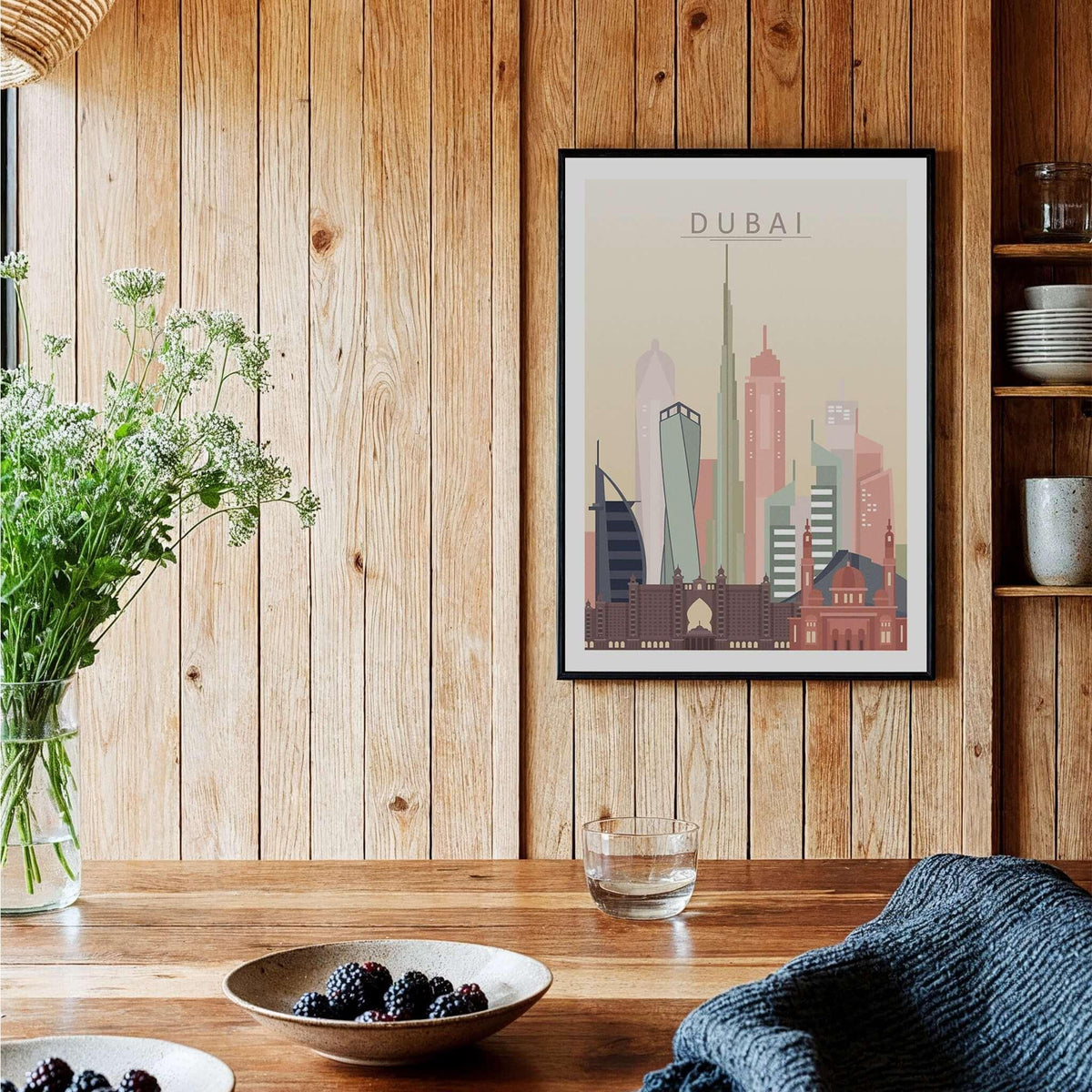 Dubai Wall Art | City Skyline Print showcasing a modern skyline in soft pastel tones on a wooden wall.