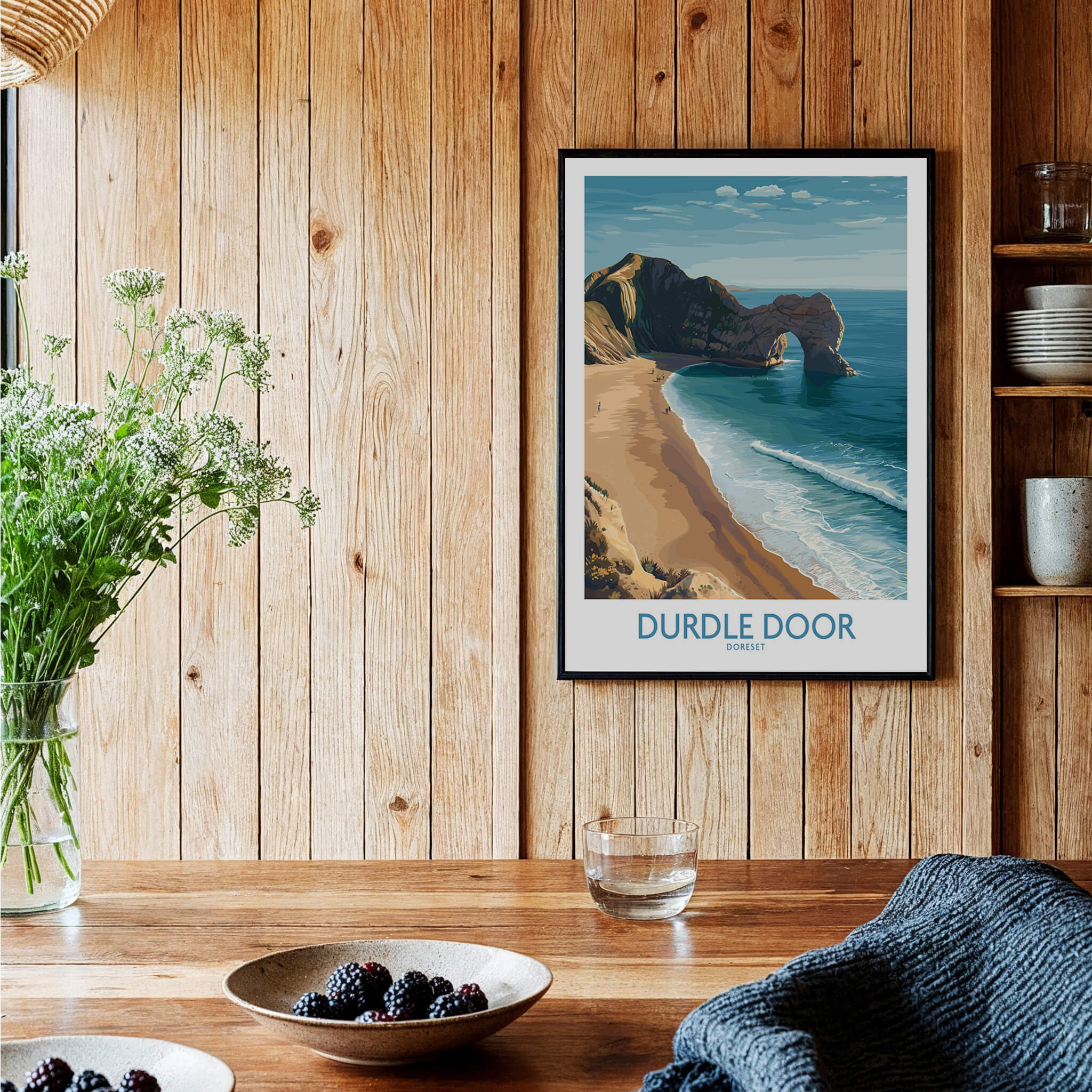 Durdle Door Art Print Dorset Wall Art displayed in a rustic setting highlighting its coastal beauty and natural wonder.