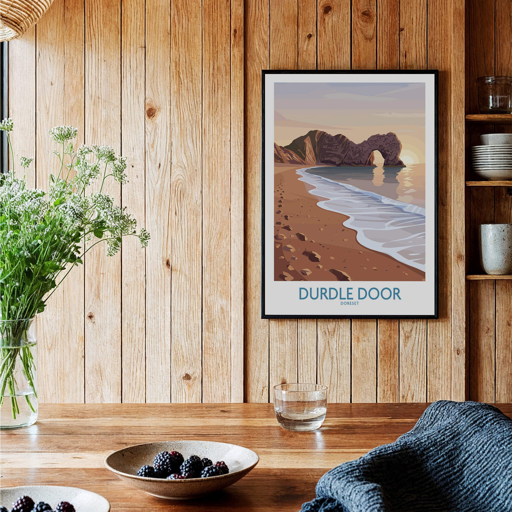Durdle Door Dorset Wall Art – Canvas Poster displayed in a stylish interior with natural elements.
