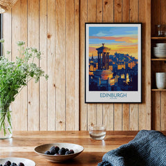 Edinburgh Travel Poster showcasing the iconic skyline and cultural heritage of Edinburgh in a stylish interior setting.