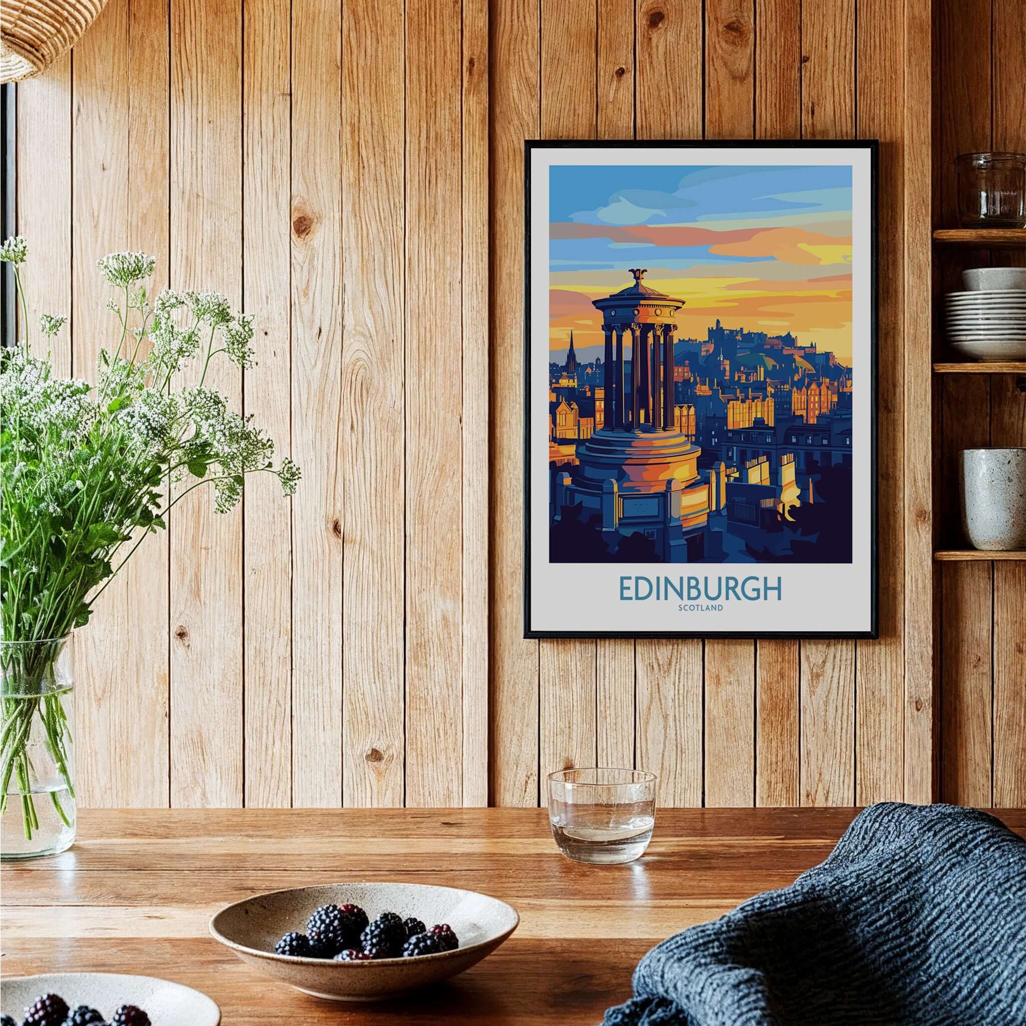 Edinburgh Travel Poster showcasing the iconic skyline and cultural heritage of Edinburgh in a stylish interior setting.