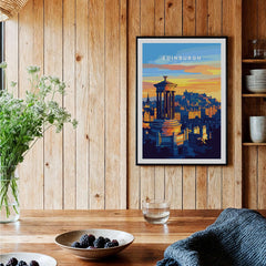 Edinburgh Travel Print showcasing the iconic architecture of Edinburgh against a warm sunset backdrop.