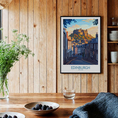 Edinburgh Wall Art Print featuring Edinburgh Castle in a cozy home setting with wooden decor and table.