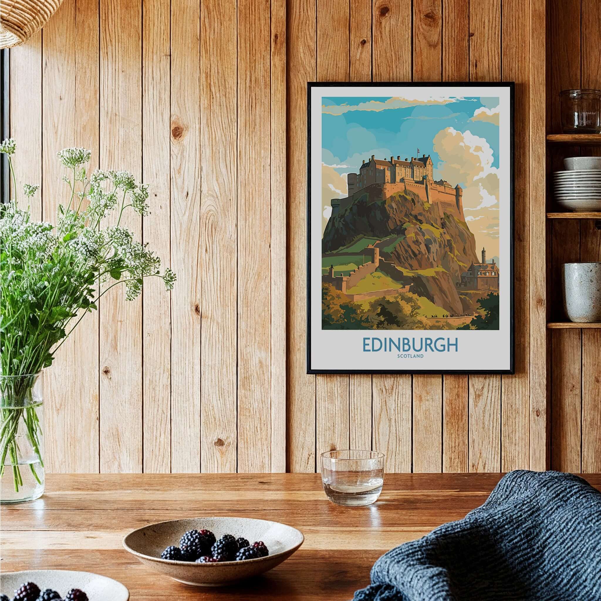 Edinburgh Print | Modern Style featuring a stunning illustration of Edinburgh Castle on a wooden wall.