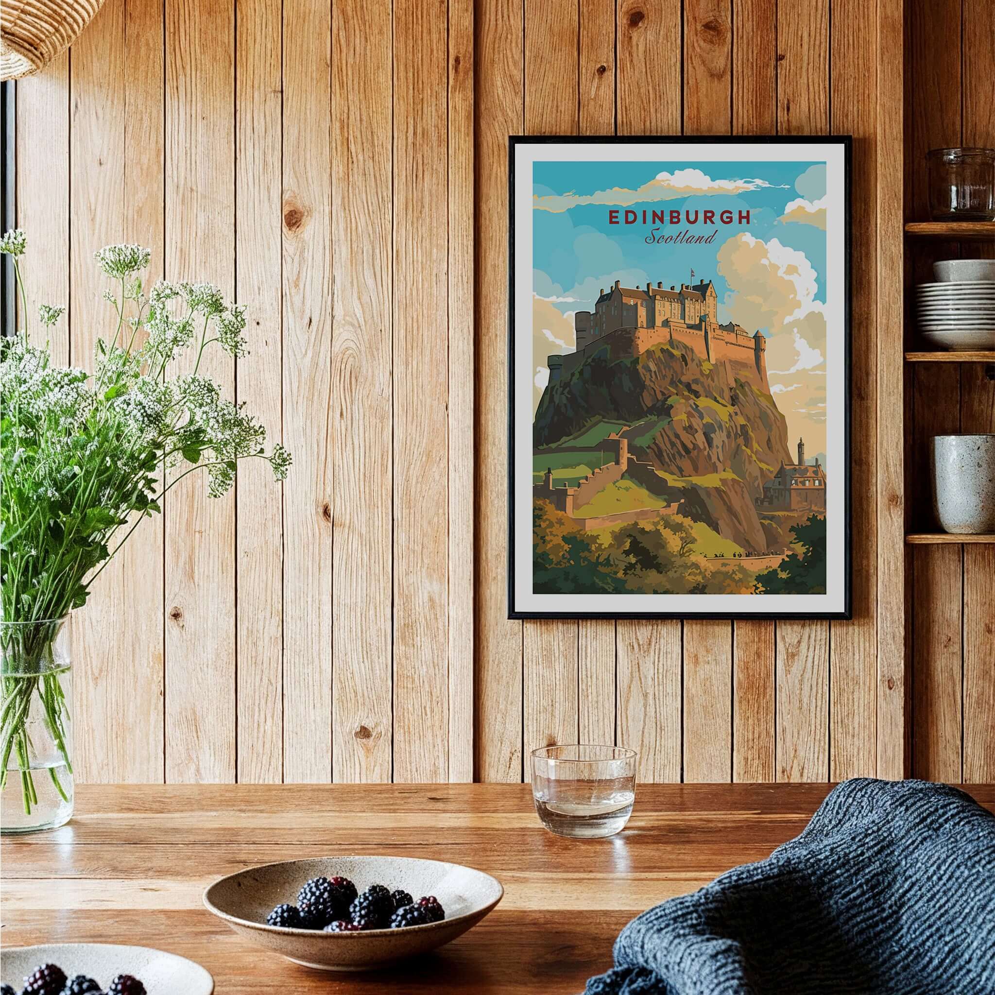 Edinburgh Poster Print showcasing Edinburgh Castle in a cozy interior setting, perfect for travel lovers.