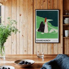 Edvard Munch Art Print - Two Women on the Shore 1898 Woodcut AIC Poster displayed in a cozy home interior setting.