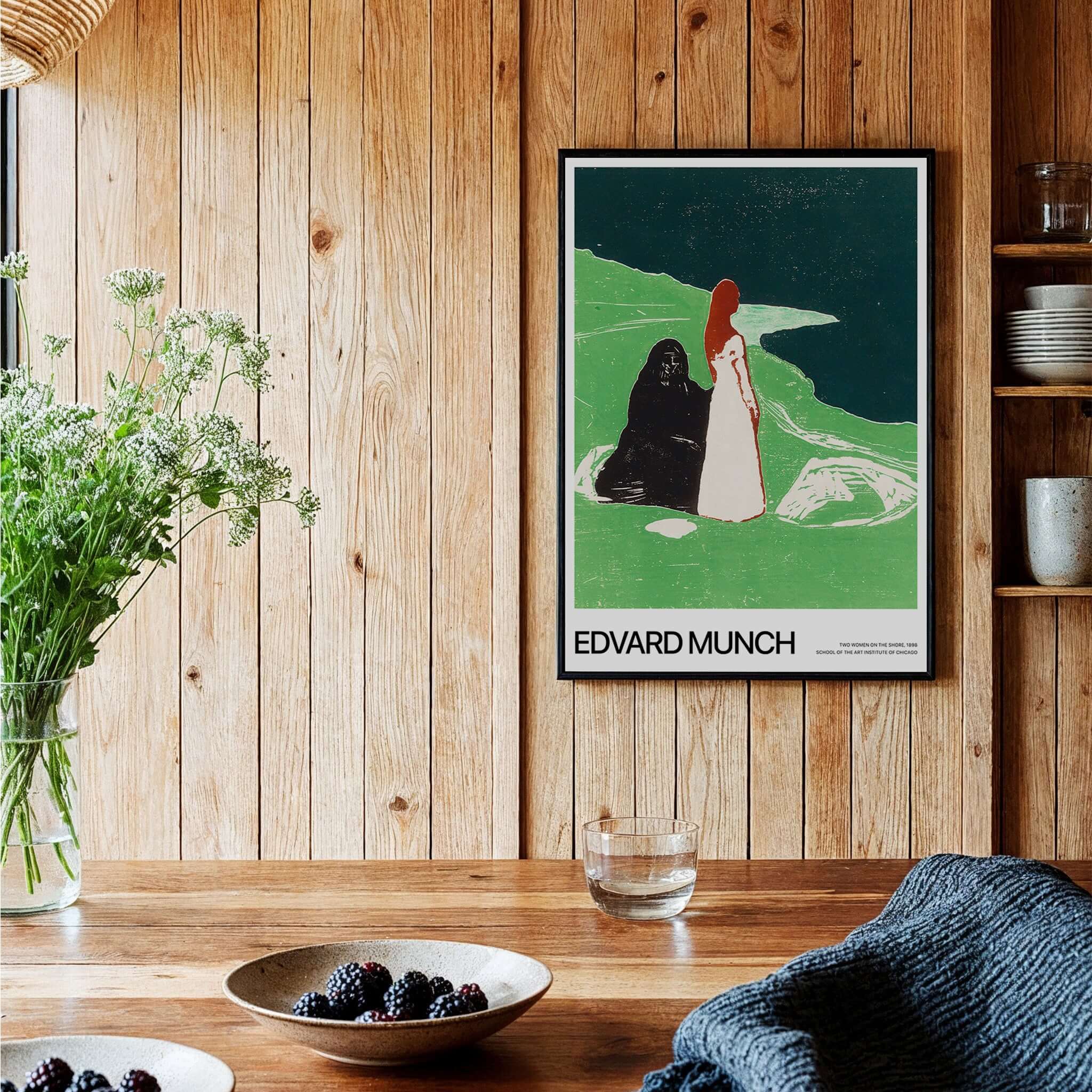 Edvard Munch Art Print - Two Women on the Shore 1898 Woodcut AIC Poster displayed in a cozy home interior setting.