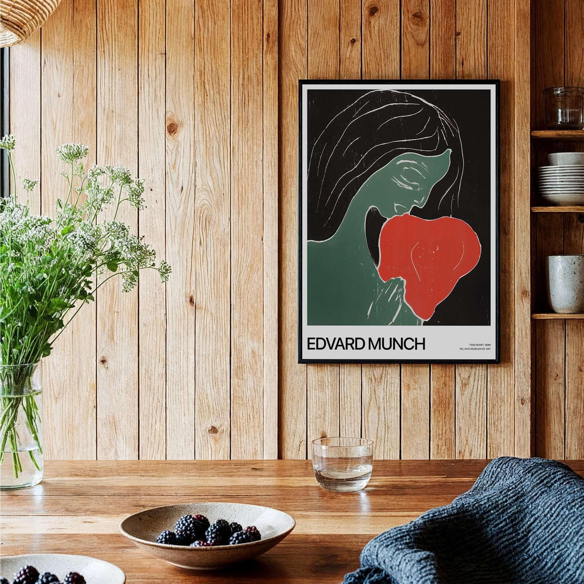 Edvard Munch Art Print - Edvard Munch Two Heart c1899 Woodcut - Symbolist Love Poster displayed in a rustic interior.