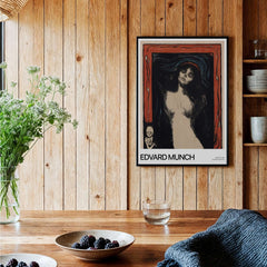 Edvard Munch Art Print - Madonna 1895 Color Lithograph Symbolist Poster displayed in a wooden interior with flowers.
