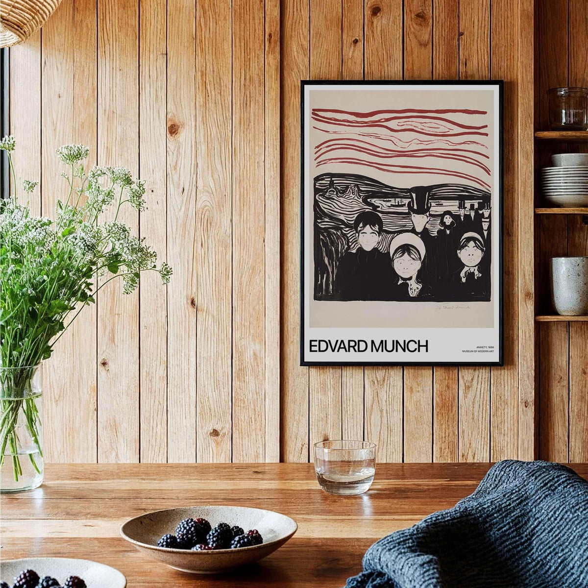 Edvard Munch Art Print - Anxiety 1896 Expressionist Lithograph MoMA Poster displayed in a cozy interior.