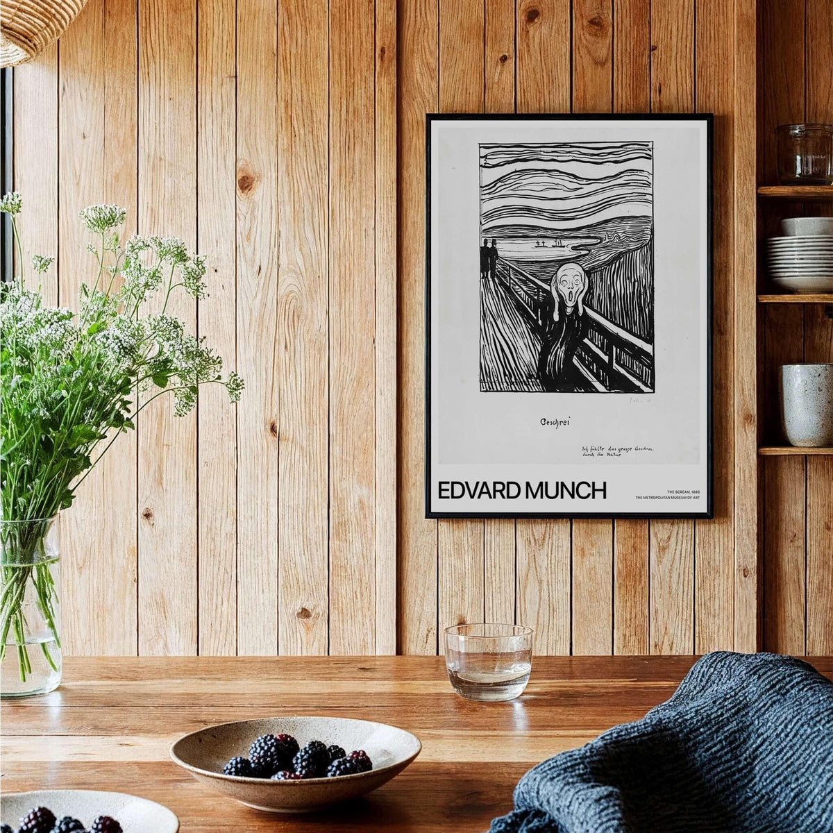 Edvard Munch The Scream 1895 Lithograph Art Print Expressionist Poster framed on a wooden wall in a stylish interior.