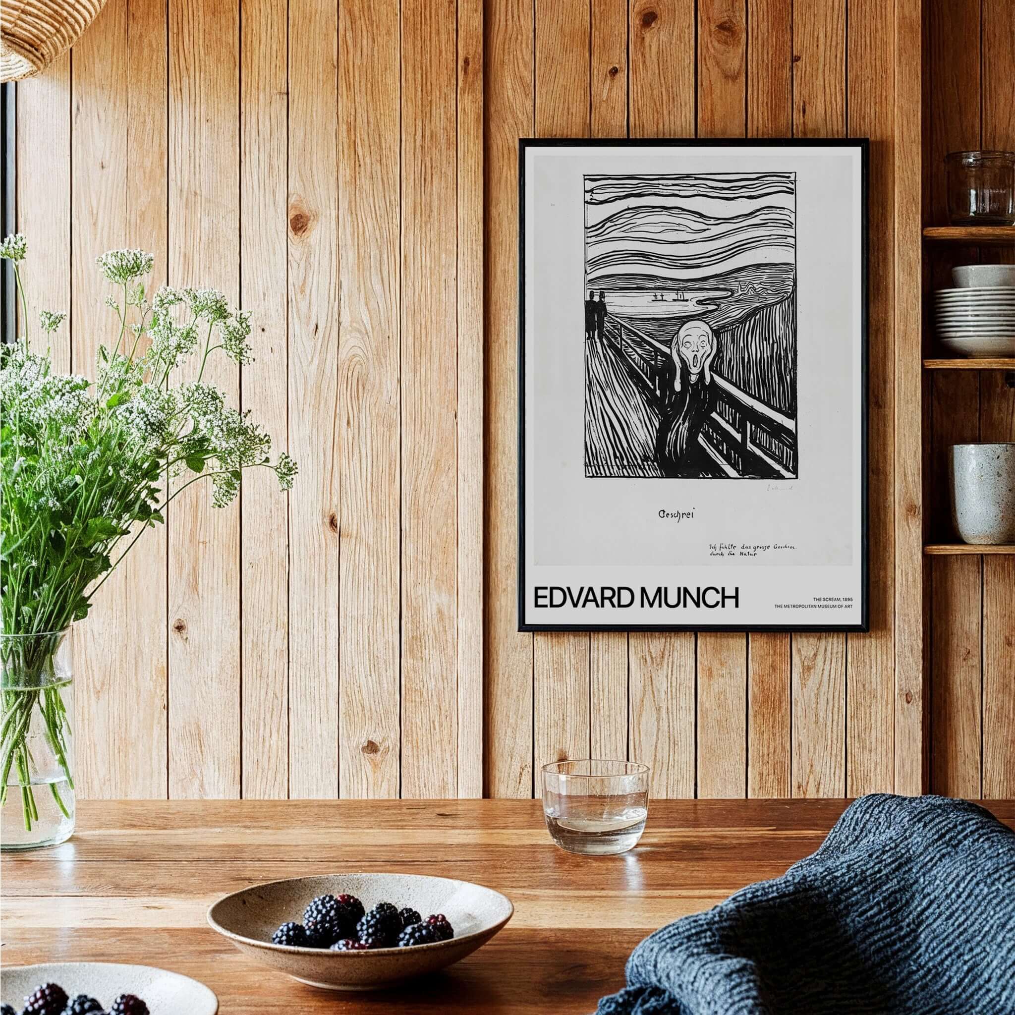 Edvard Munch The Scream 1895 Lithograph Art Print Expressionist Poster framed on a wooden wall in a stylish interior.