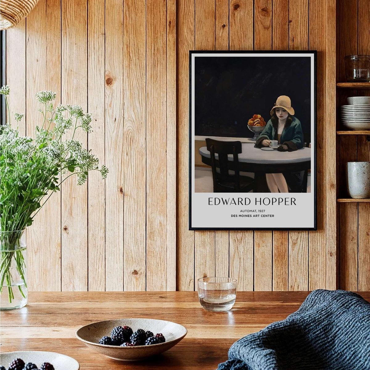 Edward Hopper Automat 1927 Des Moines Art Center Poster Print displayed in a cozy wooden interior setting.