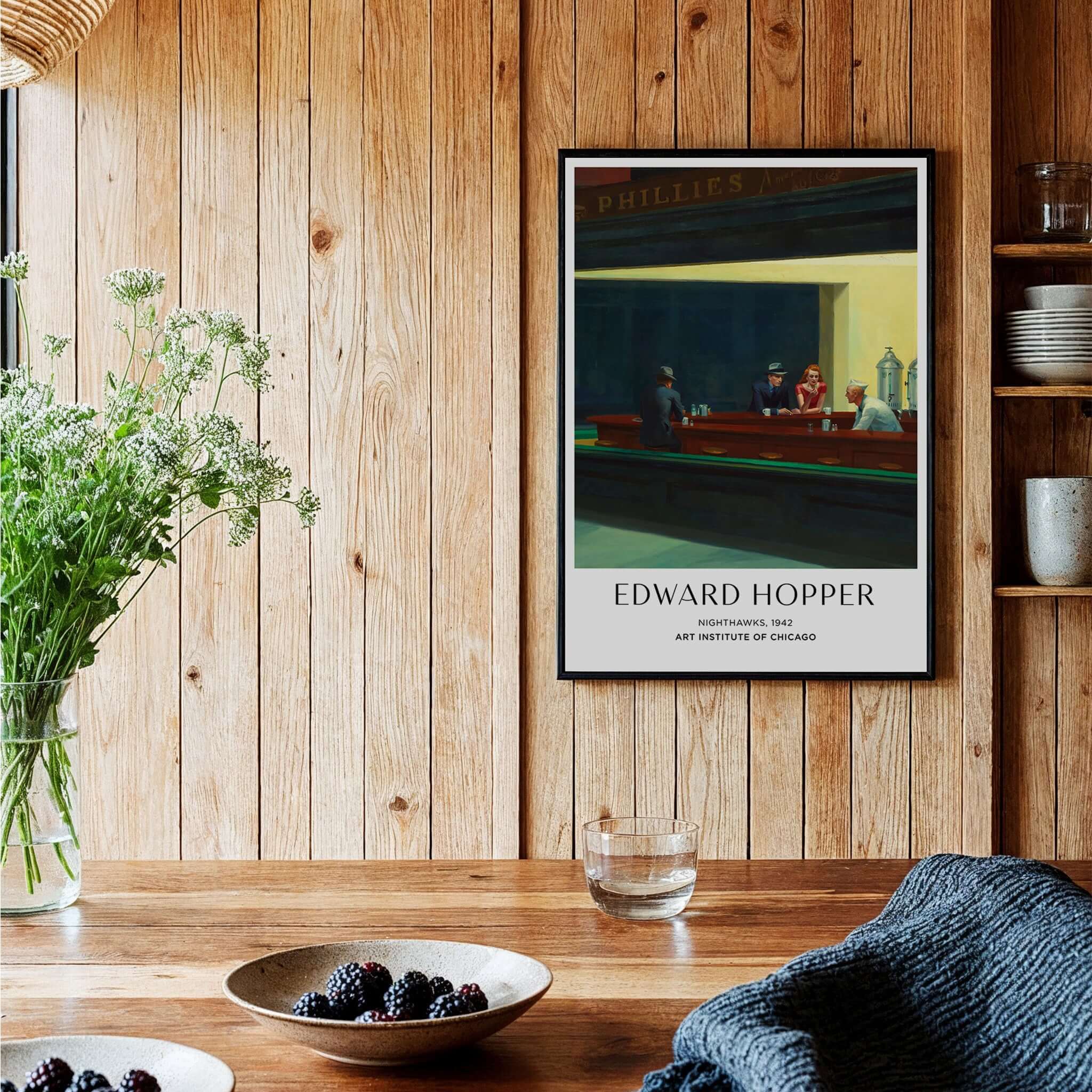 Edward Hopper Nighthawks 1942 Iconic Diner Art Print AIC Poster displayed in a cozy home setting.