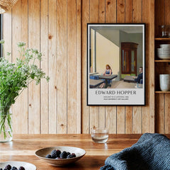 Edward Hopper Sunlight in a Cafeteria 1958 Yale Art Gallery Print displayed in a cozy wooden interior.