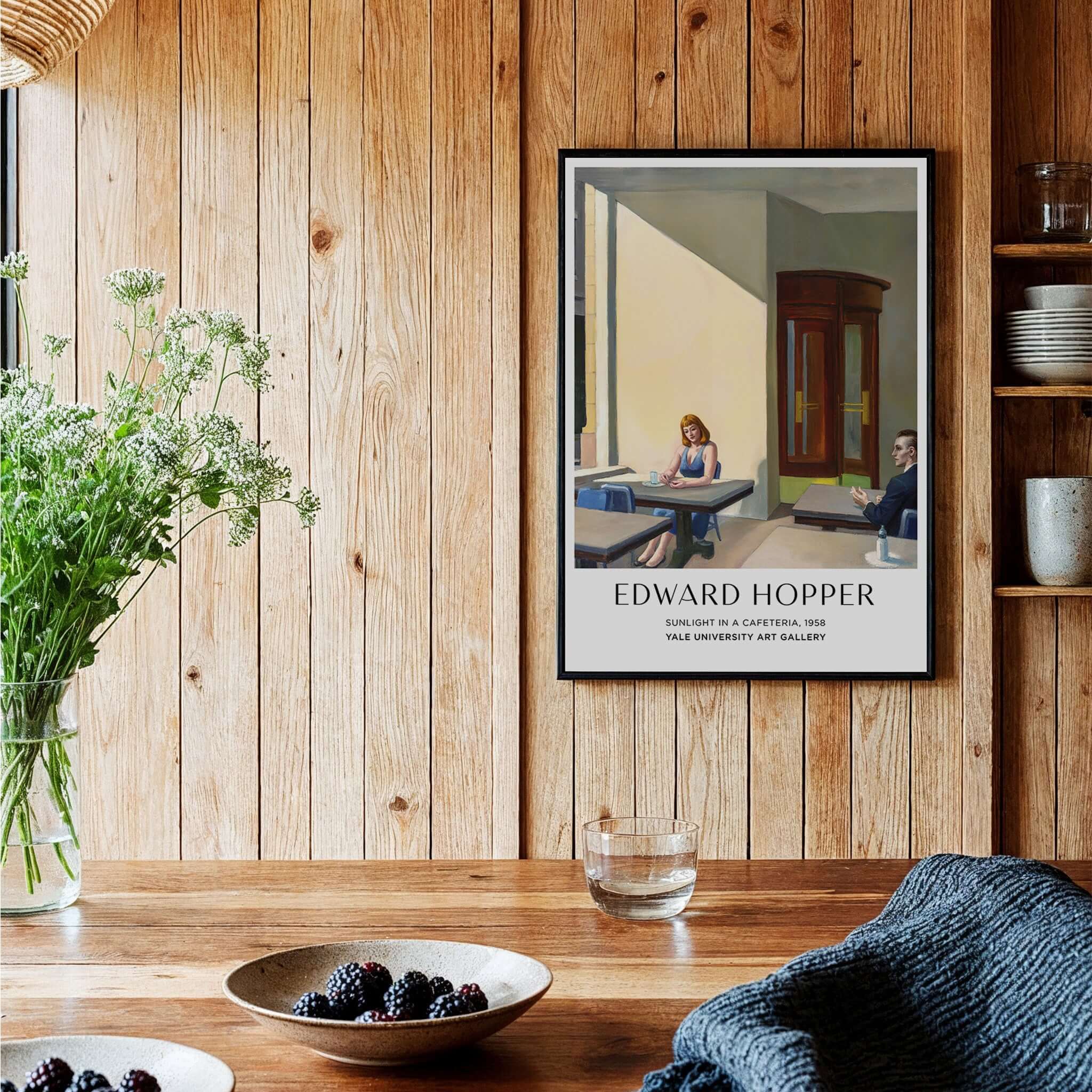 Edward Hopper Sunlight in a Cafeteria 1958 Yale Art Gallery Print displayed in a cozy wooden interior.