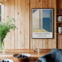 Edward Hopper Rooms by the Sea 1951 Yale University Art Print Poster displayed in a rustic wooden setting.