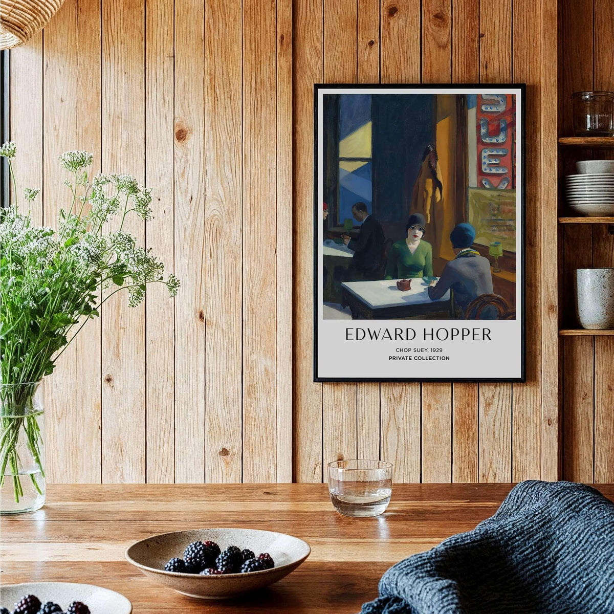 Edward Hopper Chop Suey 1929 Art Print Poster - Urban Restaurant Scene displayed in a cozy interior.
