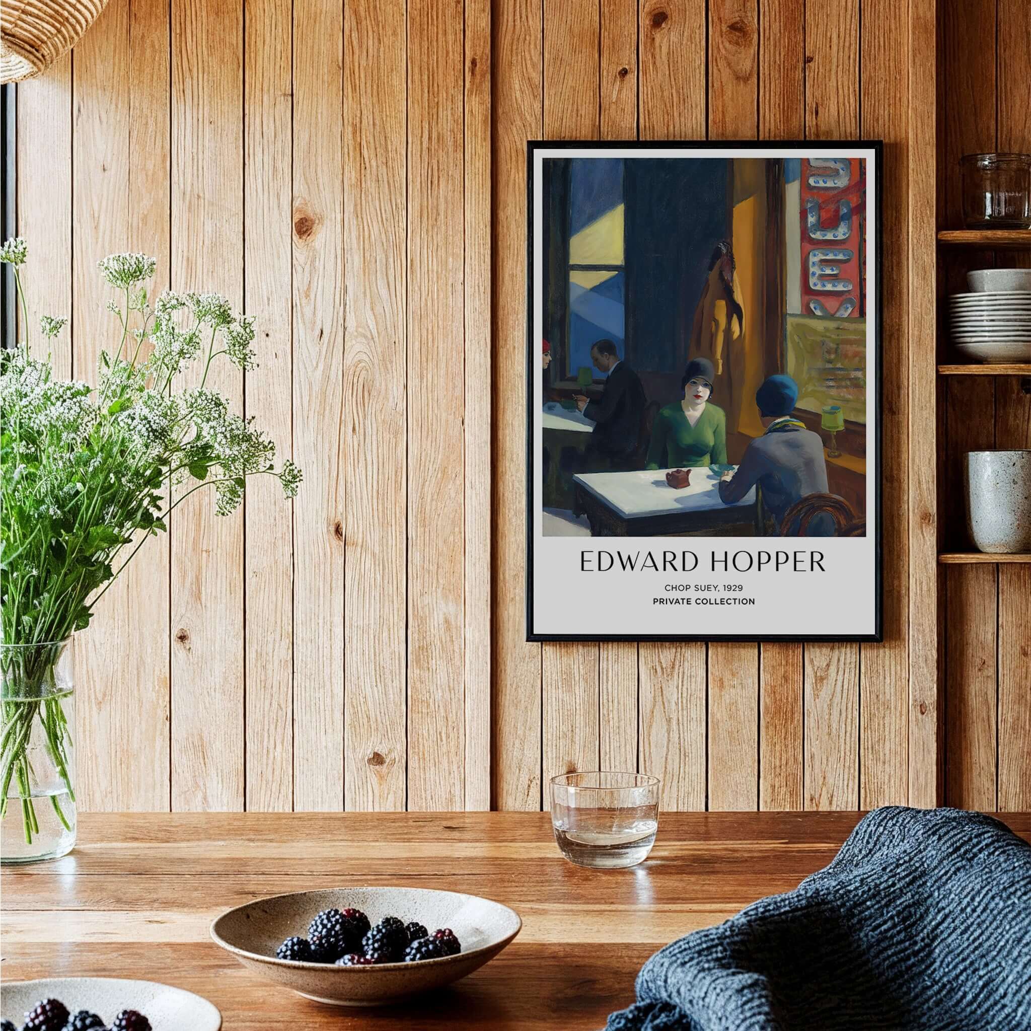 Edward Hopper Chop Suey 1929 Art Print Poster - Urban Restaurant Scene displayed in a cozy interior.