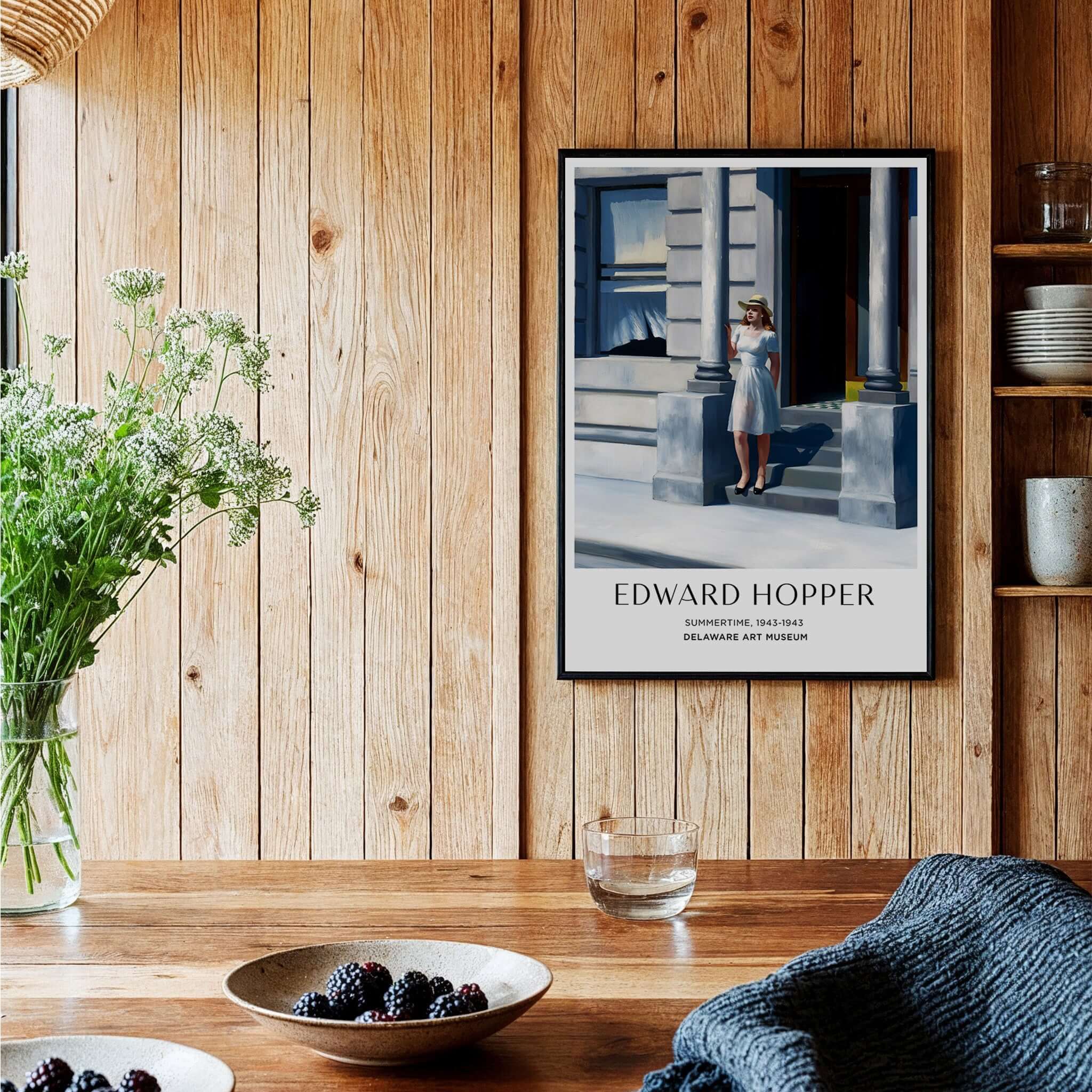 Edward Hopper Summertime 1943 Delaware Art Museum Art Print displayed in a cozy setting with plants and tableware.