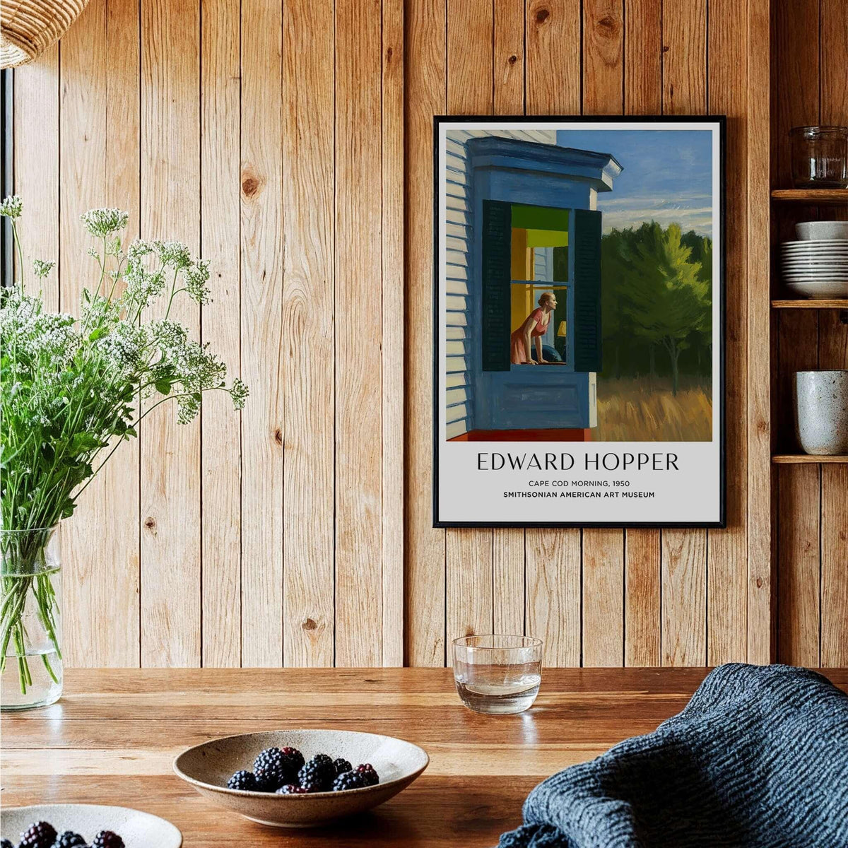 Edward Hopper Cape Cod Morning 1950 Art Print Poster -  American Realism displayed in a rustic interior setting.