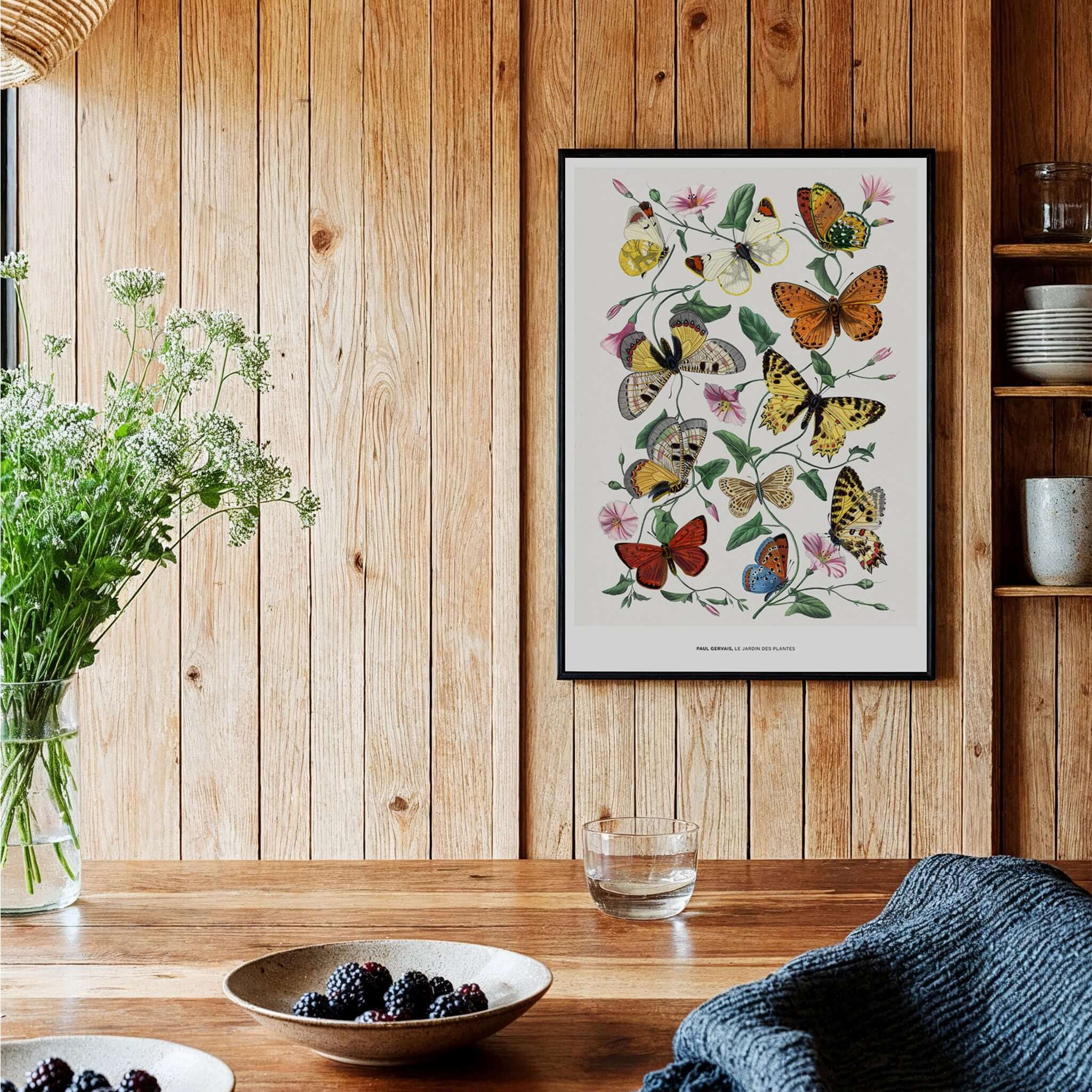 Paul Servais Butterflies Le Jardin des Plantes Vintage Botanical Wall Art featuring colorful butterflies on a wooden wall.
