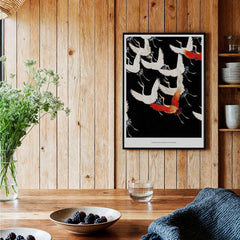 Exhibition Art Print Myriad of Flying Cranes Japanese Bird Pattern Poster Wall Art featuring cranes in vibrant colors.