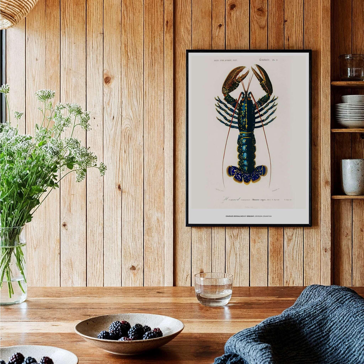 Exhibition Art Print Charles d'Orbigny Crimson Crawfish Vintage Lobster Illustration Wall Art displayed in a cozy interior.