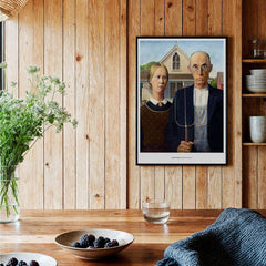 Exhibition Art Print American Gothic Grant Wood Famous Painting Wall Art Poster displayed in vintage decor setting.