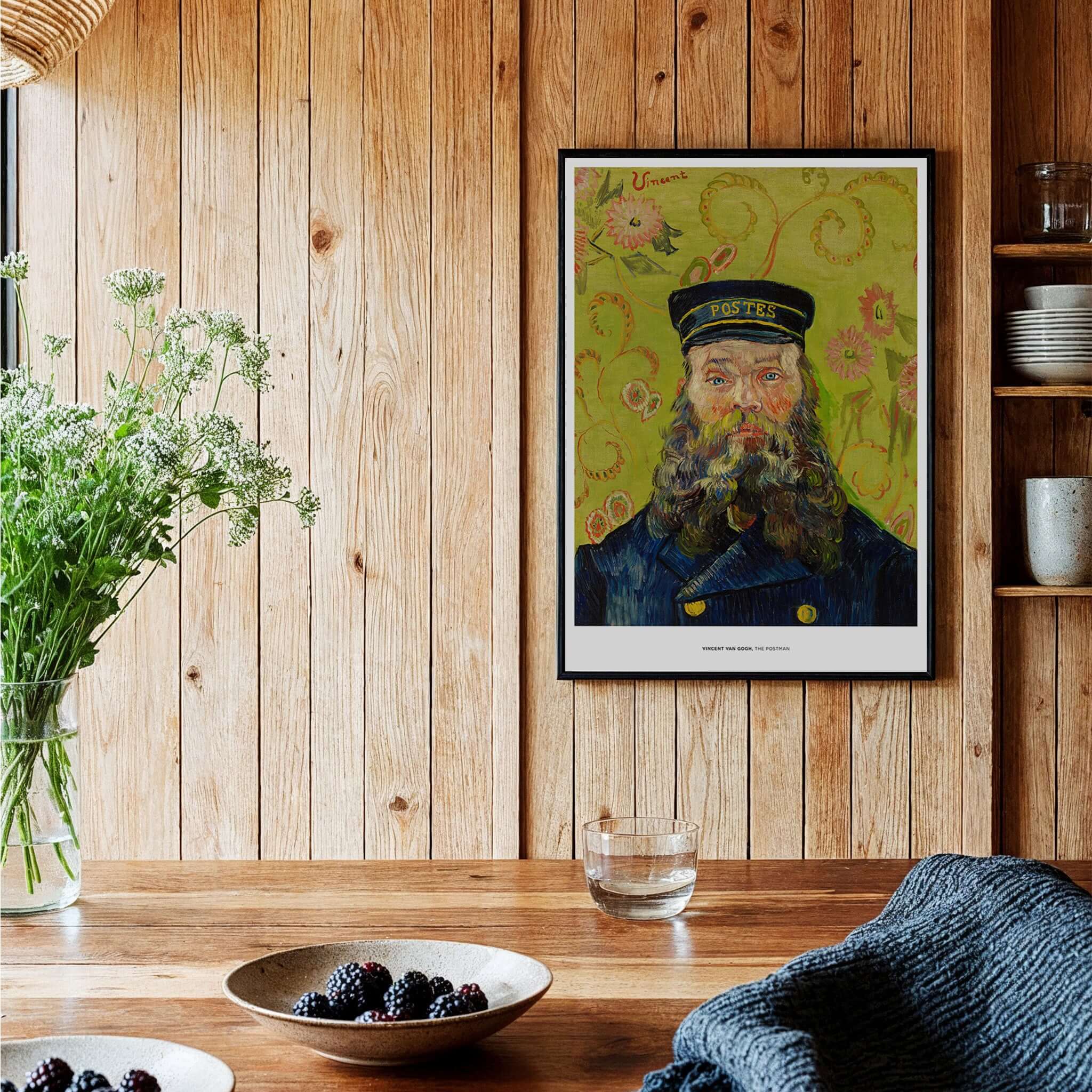 Exhibition Art Print Vincent van Gogh The Postman Famous Portrait Wall Art Poster displayed in a rustic wooden setting.