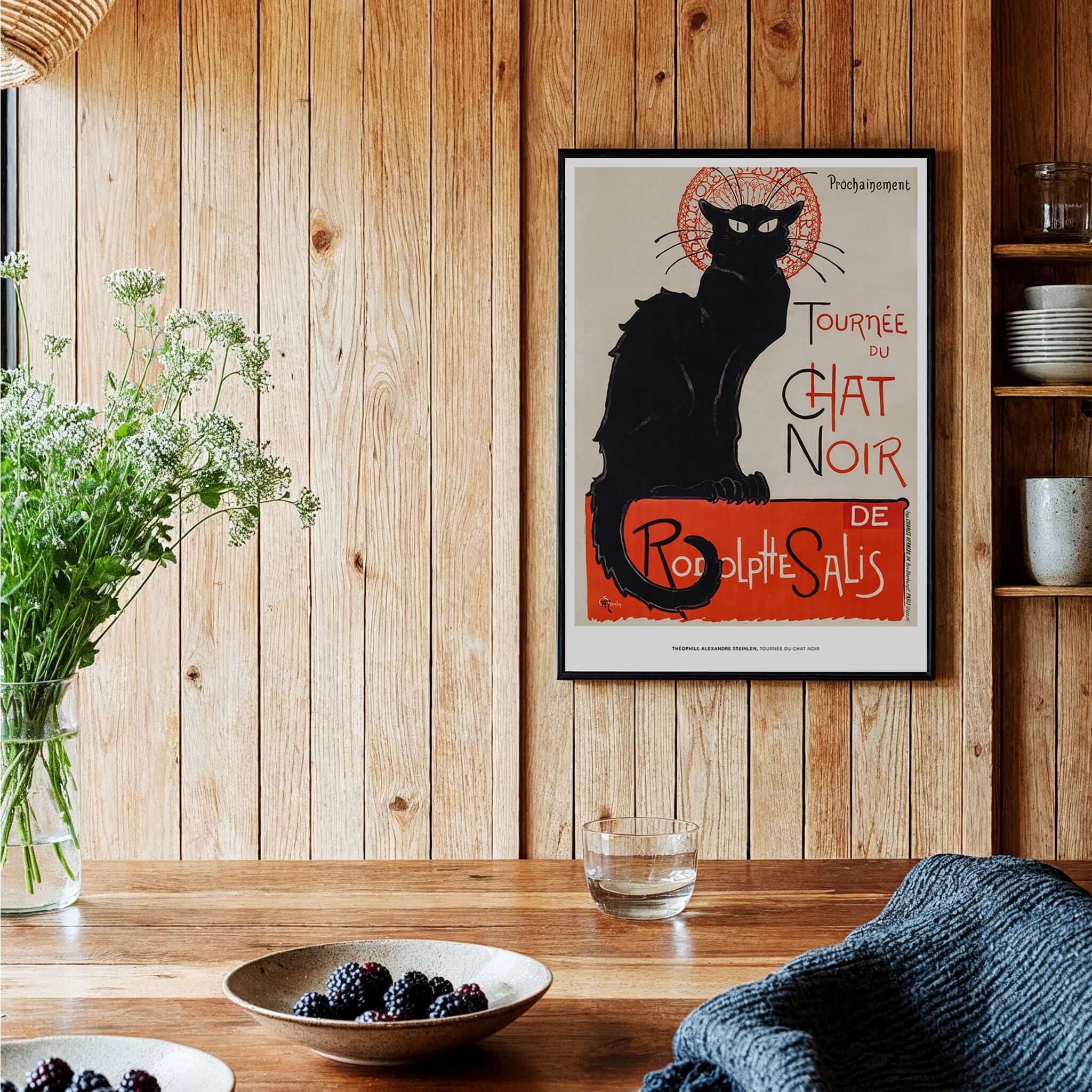 Exhibition Art Print Steinlen Tournée du Chat Noir Vintage French Black Cat Poster displayed in a stylish home setting.