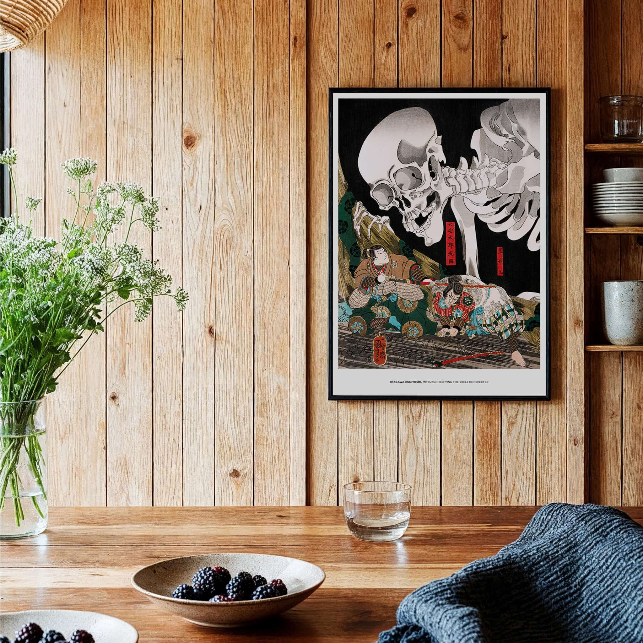 Exhibition Art Print Utagawa Kuniyoshi Skeleton Spectre Japanese Ukiyo-e Poster Wall Art displayed in a cozy interior setting.